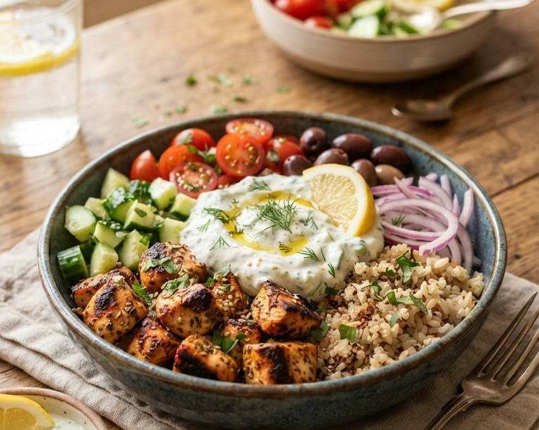 20 Minute Greek Chicken Tzatziki Bowls Meal Prep top view