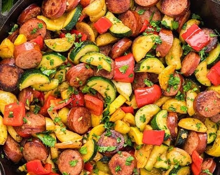 Easy Zucchini and Smoked Sausage Skillet Dinner top view