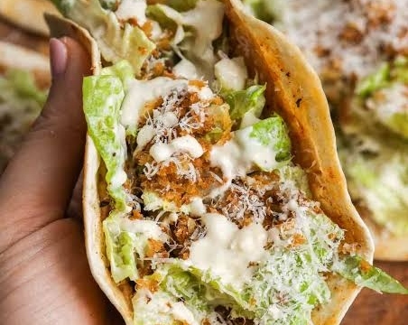 15 Minute Crispy Smash Chicken Caesar Tacos top view