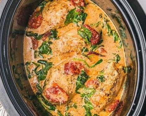 Cozy Creamy Crockpot Tuscan Garlic Chicken Orzo Soup top view