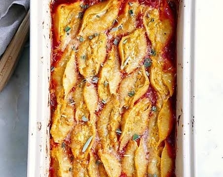 Creamy Pumpkin Ricotta Stuffed Shells Sage Butter Sauce top view