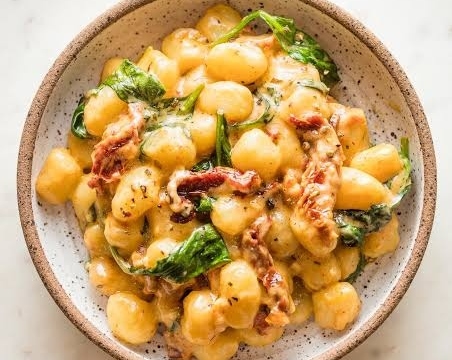 Creamy Tuscan Roasted Red Pepper Gnocchi Comfort Bowl top view