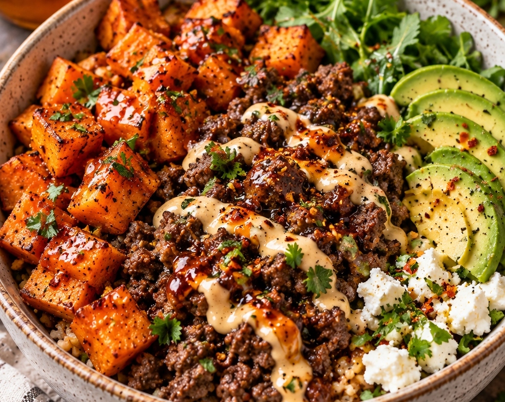 Easy Hot Honey Sweet Potato Beef Bowl Dinner top view