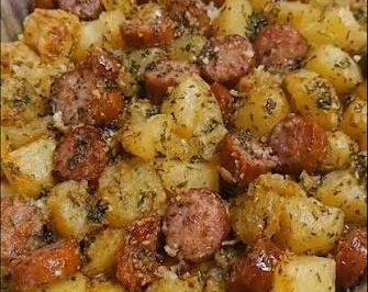 Easy One Pan Cheesy Garlic Butter Sausage and Potatoes suggested serving