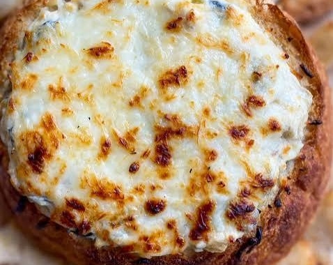 Ultimate Game Day Spinach Artichoke Dip Bread Bowl top view