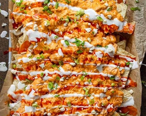 Ultimate Loaded Sheet Pan Buffalo Chicken Nacho Dip top view